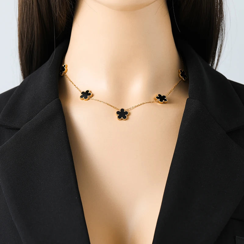 Luxury Black & Gold Five Leaf Clover Flower Necklace, Bracelet & Earrings Set - Lovez Aqua© -