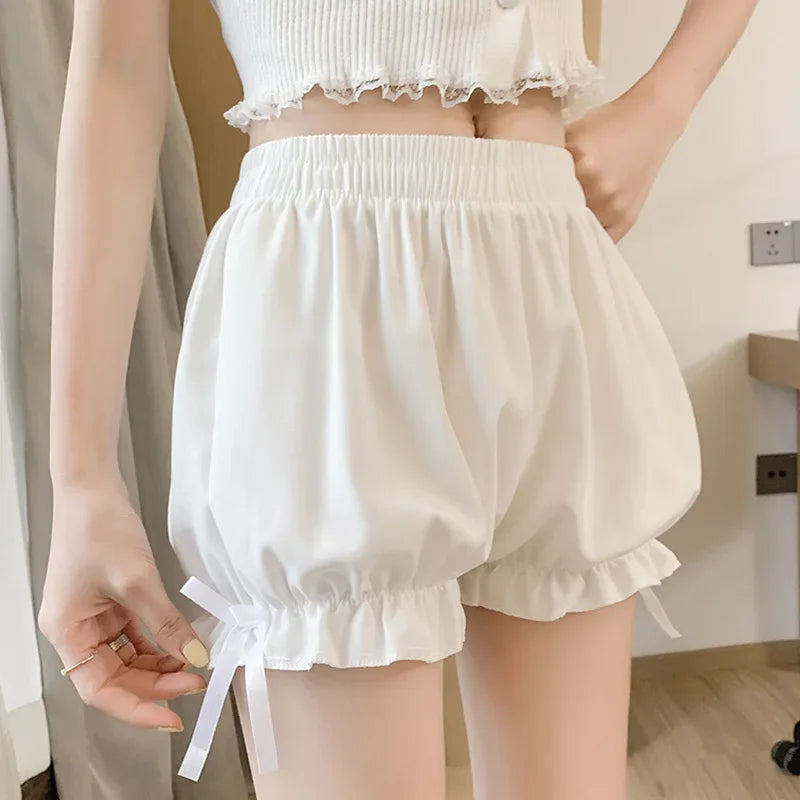 Women's Vintage Ruffled Silk Mid-Length Bloomers Panties with Bow Detail