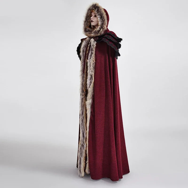 Gothic Renaissance Fur-Trimmed Hooded Women's Medieval Cloak with Ruffled Collar