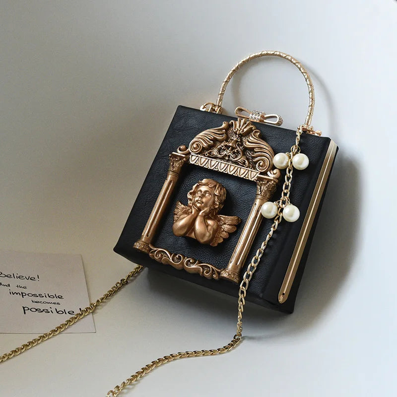 Luxury Cupid Angel Gilded Vintage Style Square Faux Leather Women's Handbag - Lovez Aqua© -