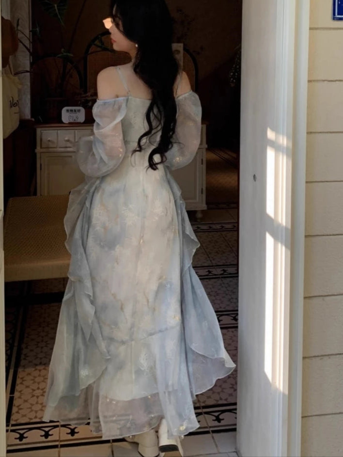 Ethereal Flowing Pastel Blue Dress with Ruffled Long Sleeves & Gold Accents - Lovez Aqua© -