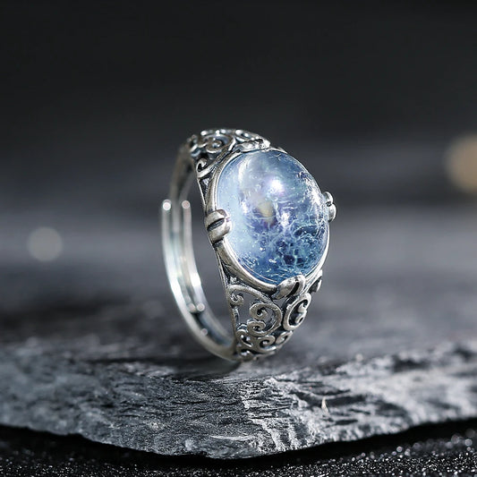 Vintage S925 Sterling Silver Natural Aquamarine Oval Engraved Unisex Ring
