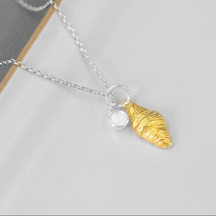 S925 Silver Two Tone 3D Gold Croissant & Tea Cup Women's Pendant Charm - Lovez Aqua© -