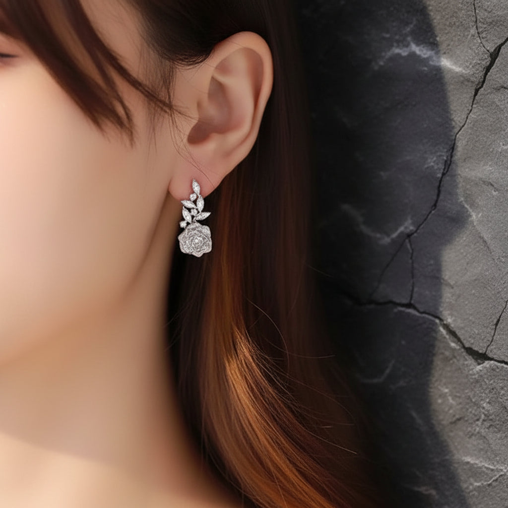 925 Sterling Silver Rose & Leaves Cubic Zirconia Women's Floral Drop Earrings