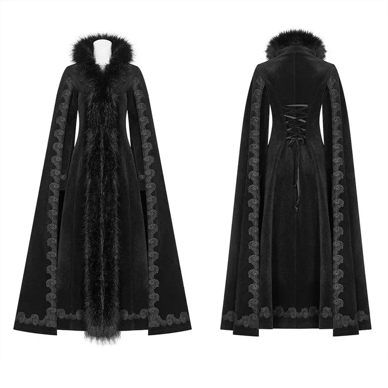 Luxury Gothic Black Embroidered Trench Coat Style Cloak with Fur Trim & Cape Sleeves