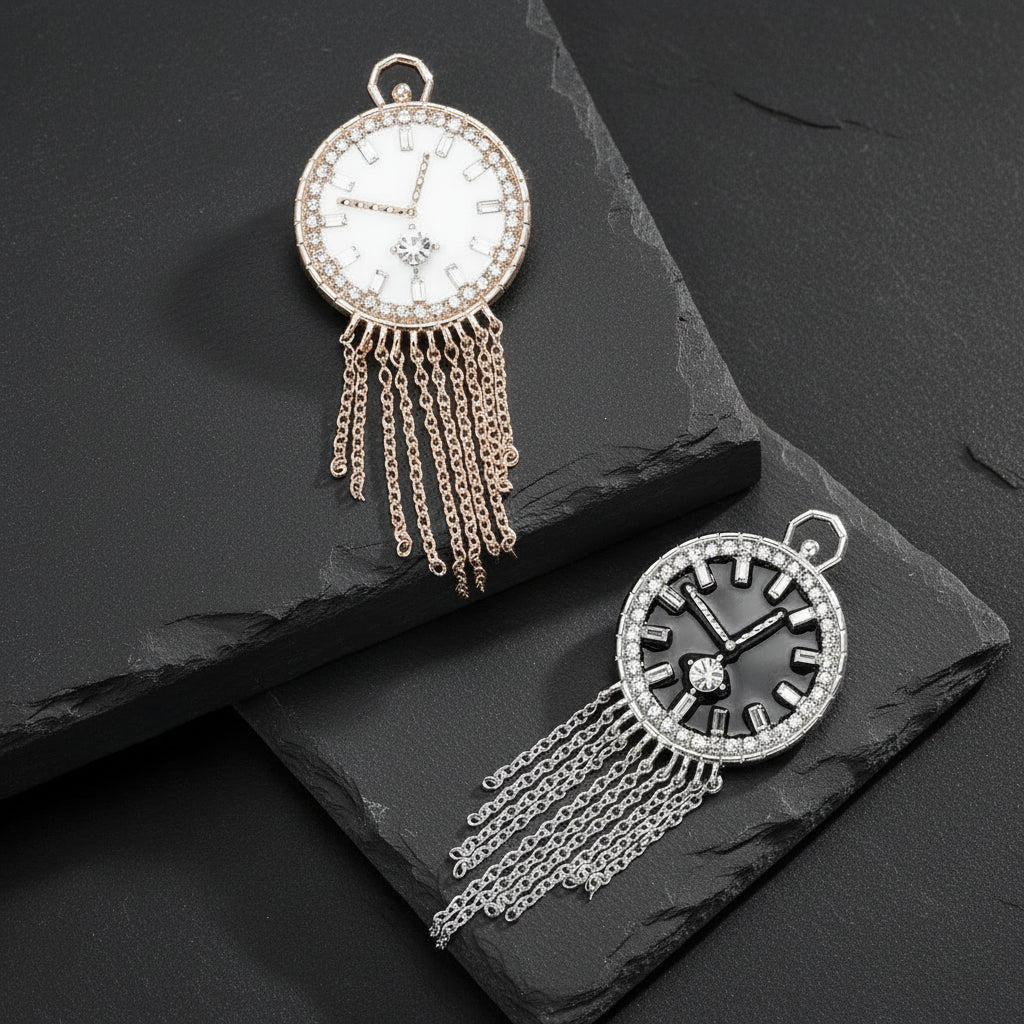 Women's Vintage Clock Face Tassel Brooch Pin with Gemstone Detailing