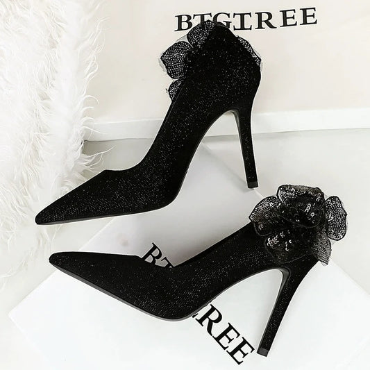 Luxury Women's Black Suede & Lace Flower Stiletto High Heel Pumps