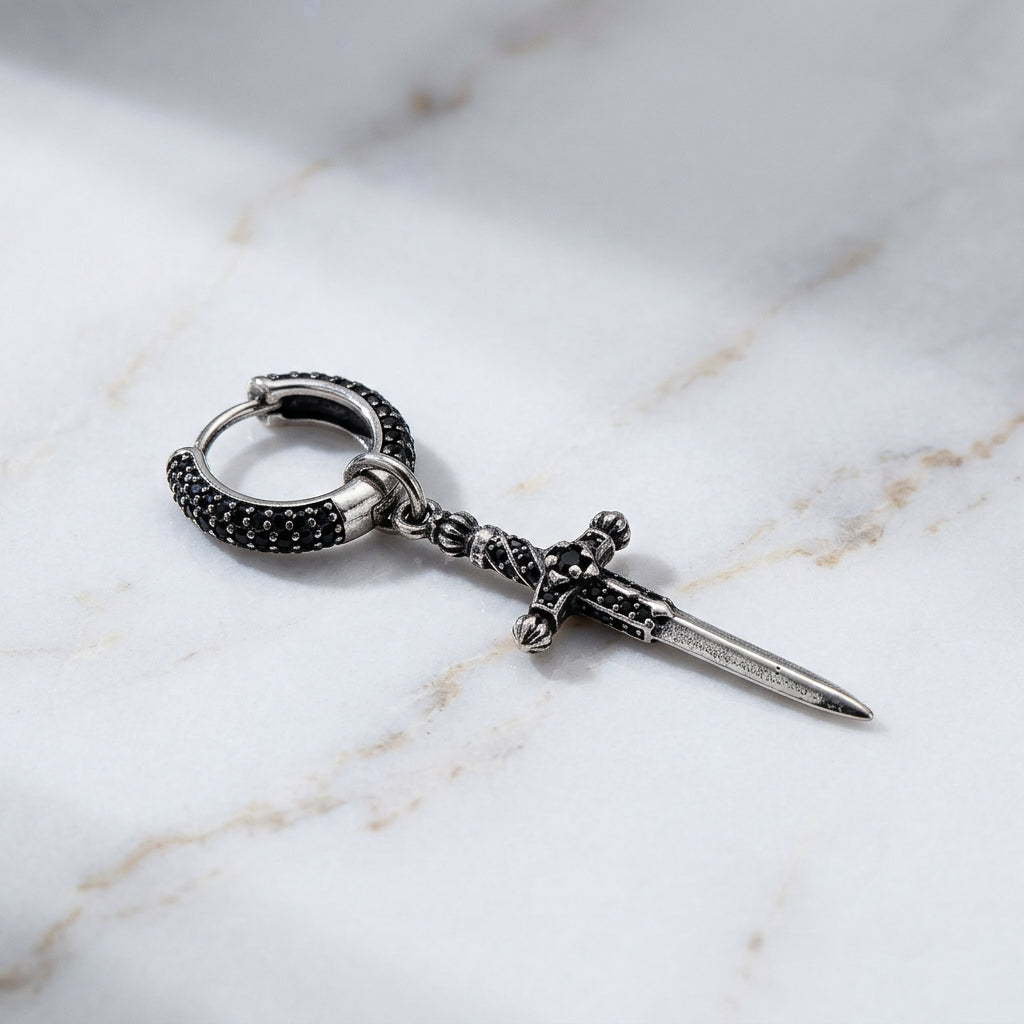 Women’s & Men’s 925 Sterling Silver Gothic Sword Huggie Hoop Medieval Dagger Earrings