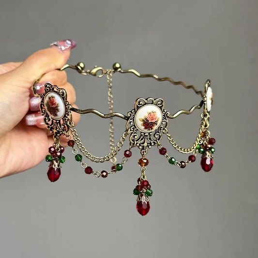 Vintage Edwardian Baroque Choker – Women’s Floral Cameo Medallion Necklace with Gemstone Tassels