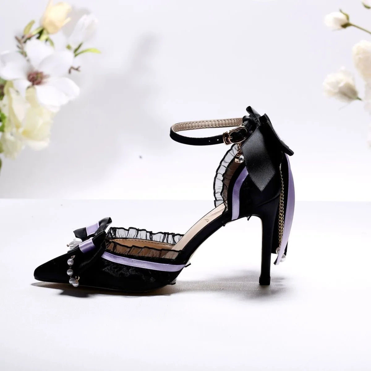 Women's Black & Purple Satin High Heels with Lace, Bow & Pearl Embellishments
