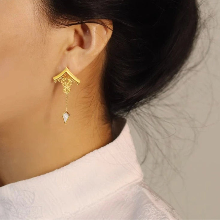 925 Sterling Silver & Mother of Pearl Chinese House Architecture Dangle Earrings - Lovez Aqua© -