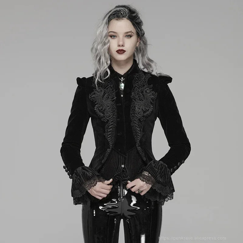 Women's Gothic Black Velvet Embroidered Victorian Short Jacket with Lace & Puffed Shoulders