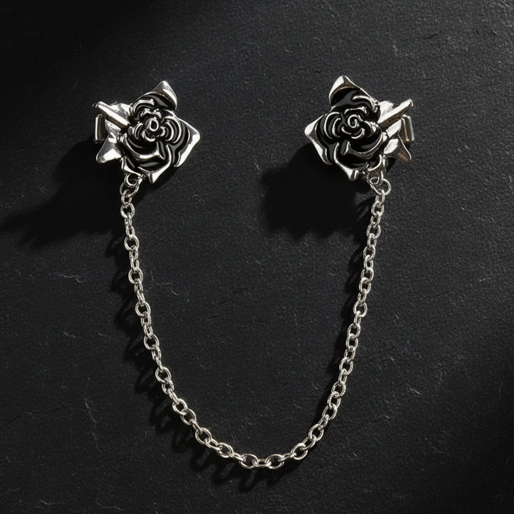 Vintage Gothic Silver Rose Men's Tassel Chain Suit Lapel Brooch Pin - Lovez Aqua© -