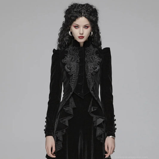 Women's Gothic Black Velvet Embroidered Victorian Short Jacket with Lace & Puffed Shoulders