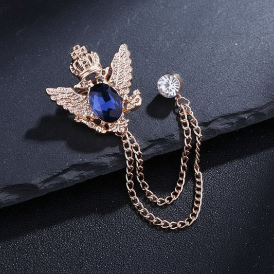Regal Crowned Double Hawk Fringed Chain Lapel Brooch Pin with Rhinestones - Lovez Aqua© - Navy Blue 1