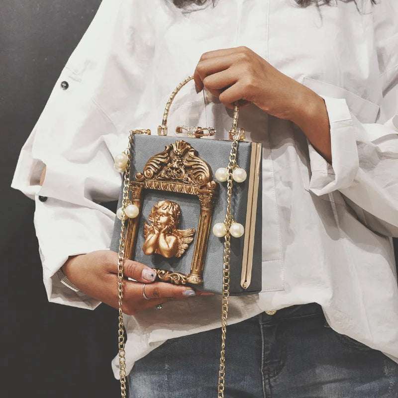 Luxury Cupid Angel Gilded Vintage Style Square Faux Leather Women's Handbag - Lovez Aqua© -