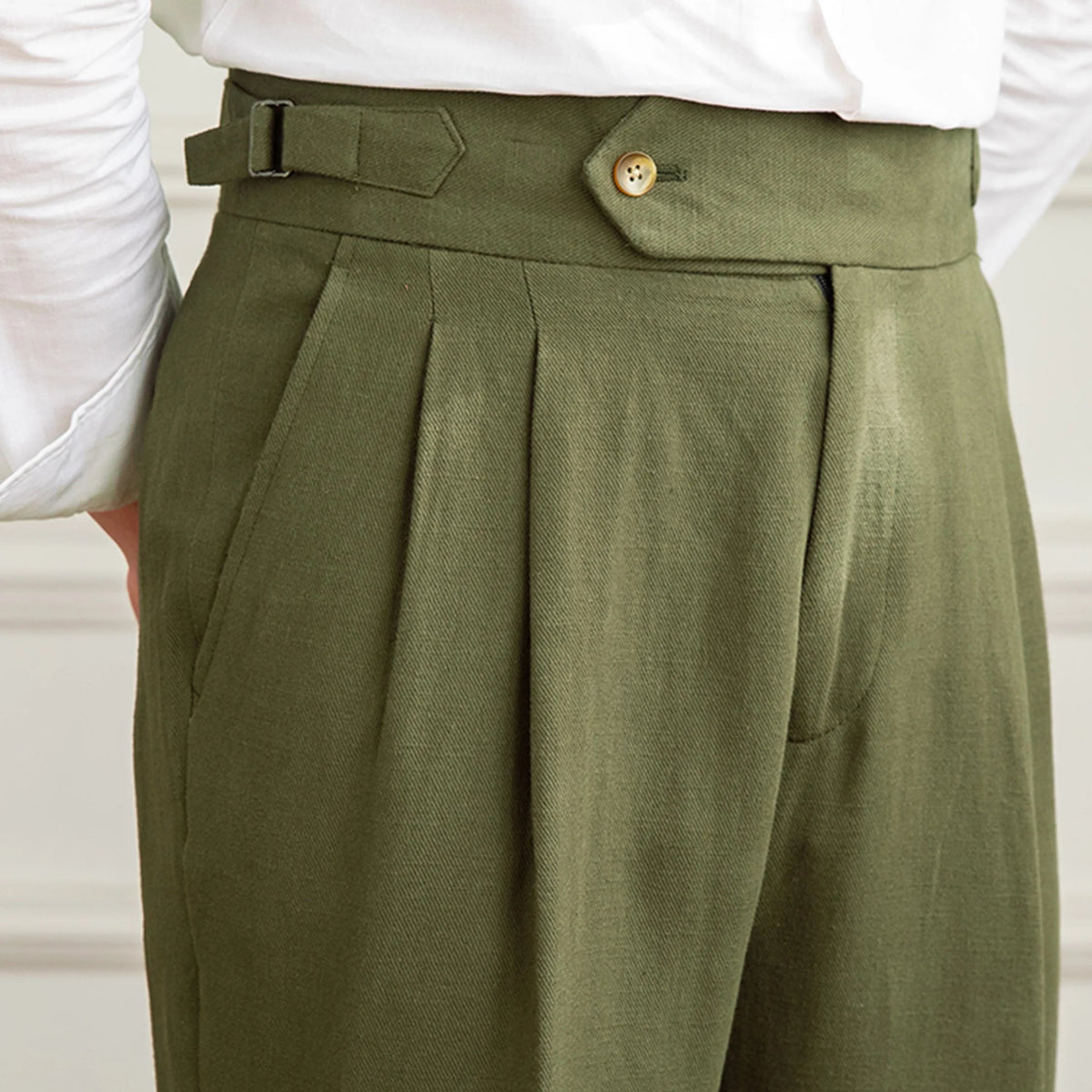 men's linen trousers, linen cotton trousers, pleated trousers, double pleated trousers, men's tapered trousers, tailored trousers, vintage trousers, vintage menswear, men's tailored pants, linen pants men, cotton linen pants, pleated pants men, tapered pants men, classic trousers, heritage menswear, romantic menswear, old world clothing, vintage inspired clothing, neutral trousers, beige trousers, cream trousers, men's dress trousers, smart casual trousers, extended waistband trousers, cuffed trousers