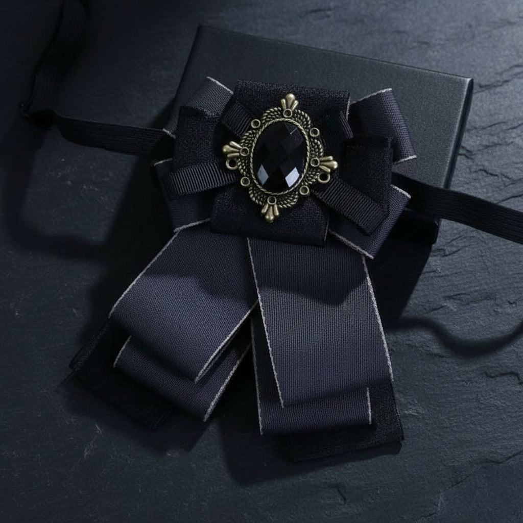 Vintage Baroque Men's Formal Ribbon Bowtie with Filigree Cabochon Rhinestone - Lovez Aqua© - 8