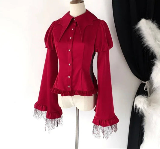 Women's Gothic Vampire Edgy Ruffled Shirt Blouse with Flared Lace Cuffed Sleeves