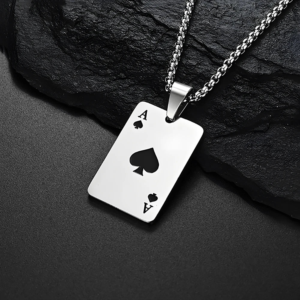 Men’s Silver Ace of Spades or Hearts Playing Card Pendant Necklace | Poker Jewelry