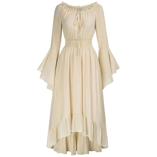 Vintage Medieval Renaissance Women's Maxi A-Line Dress with Long Flared Sleeves & Lace Collar