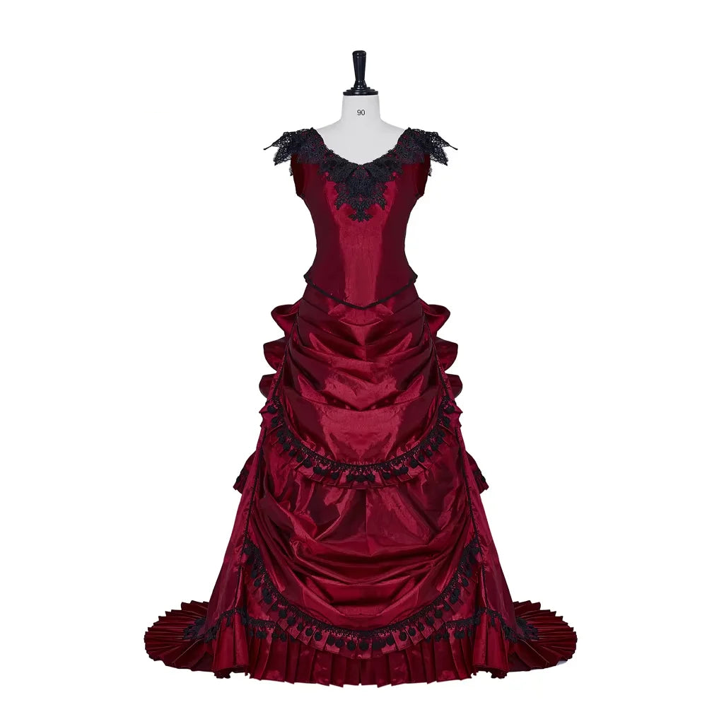 Gothic Victorian Dark Red & Black Evening Gown with Lace Appliqué & Cap Sleeves