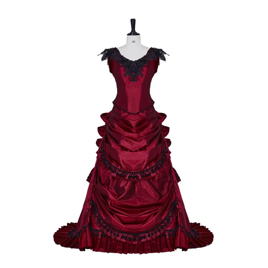 Gothic Victorian Dark Red & Black Evening Gown with Lace Appliqué & Cap Sleeves