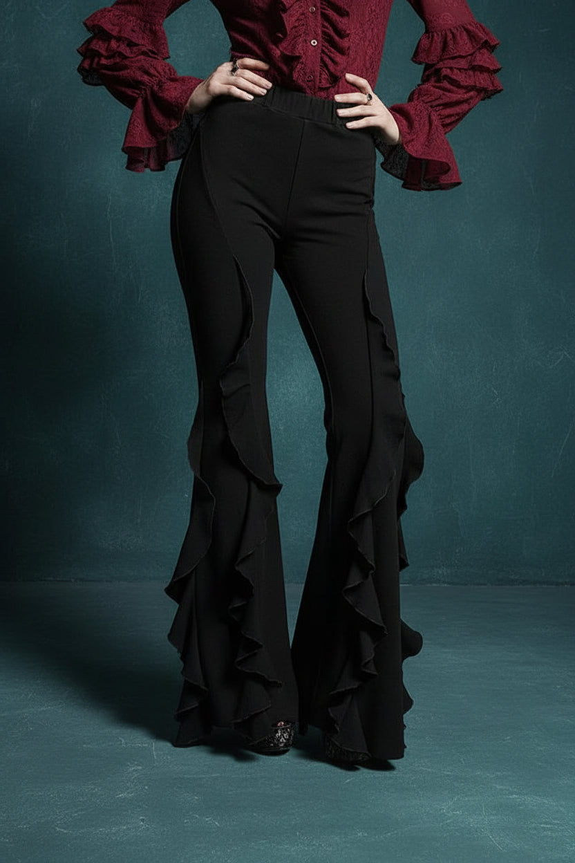 Women's Gothic Vintage Ruffle Flared High Waist Fishtail Black Pants