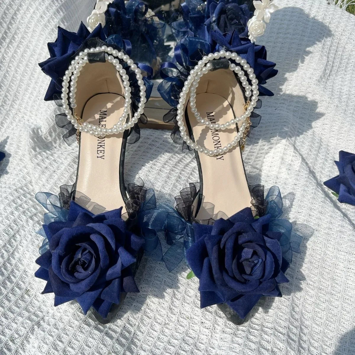 Gothic Dark Blue Rose Faux Leather Women's Pumps with Low Heel & Silver Charms