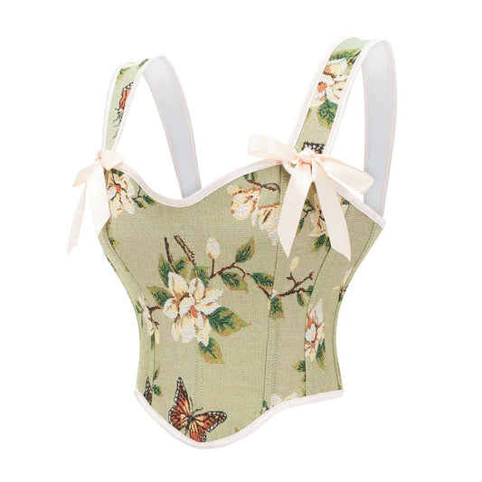 Vintage Victorian Green Floral Butterfly Print Overbust Corset Top with Ribbon Straps