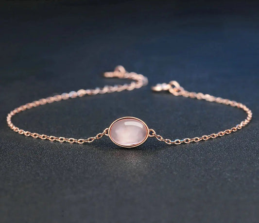 925 Sterling Silver Oval Rose Quartz 18K Gold Plated Women's Vintage Bracelet