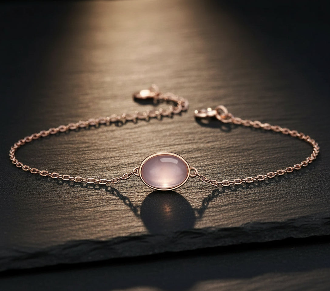 925 Sterling Silver Oval Rose Quartz 18K Gold Plated Women's Vintage Bracelet