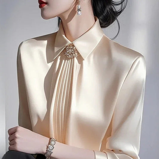 Elegant Champagne Gold Satin Women's Blouse with Pleated Front & Pearl Brooch