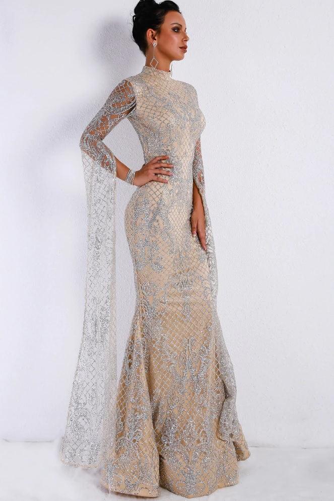 Silver Sequined High Neck Evening Gown With Sheer Lace Overlay & Long Sleeves - Lovez Aqua© -