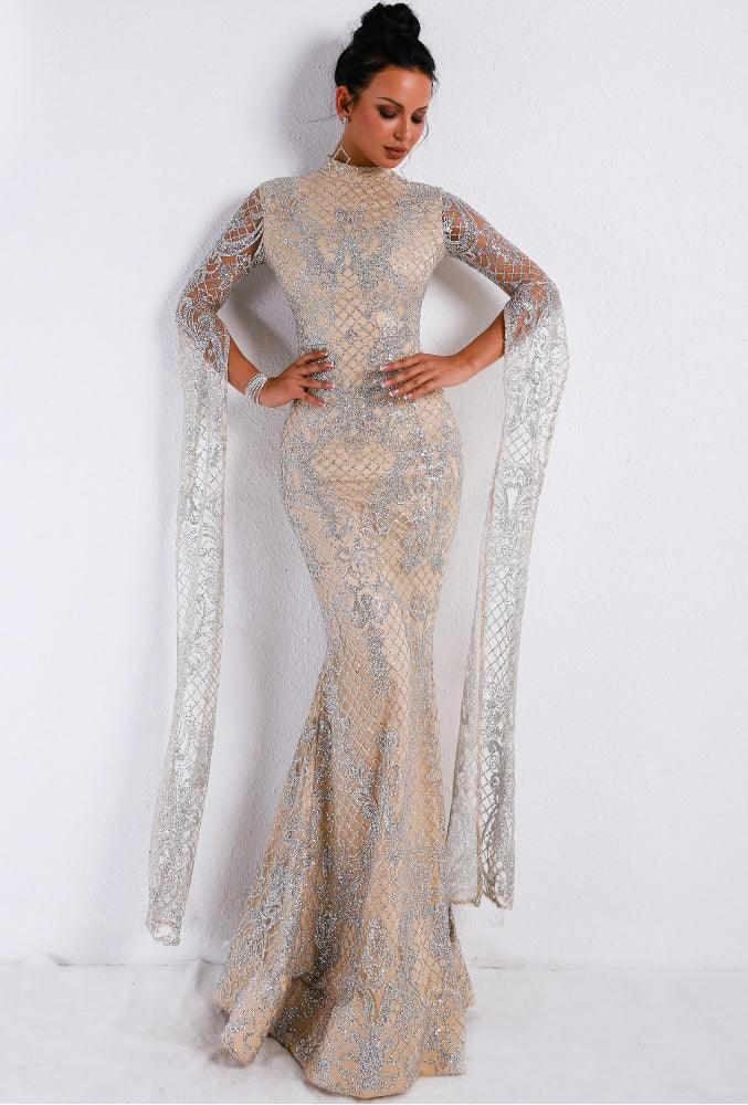 Silver Sequined High Neck Evening Gown With Sheer Lace Overlay & Long Sleeves - Lovez Aqua© -