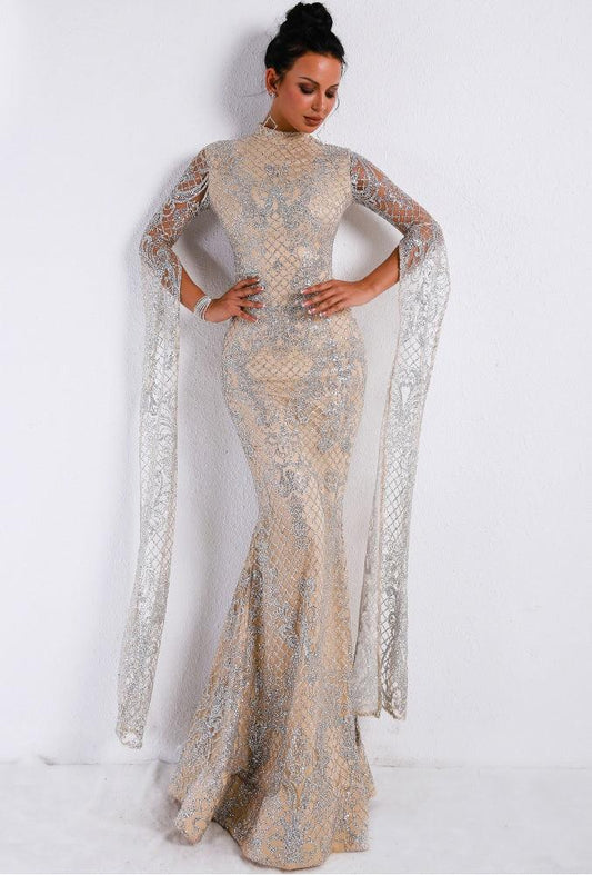 Silver Sequined High Neck Evening Gown With Sheer Lace Overlay & Long Sleeves - Lovez Aqua© -