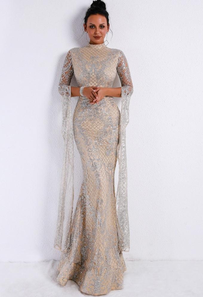 Silver Sequined High Neck Evening Gown With Sheer Lace Overlay & Long Sleeves - Lovez Aqua© -