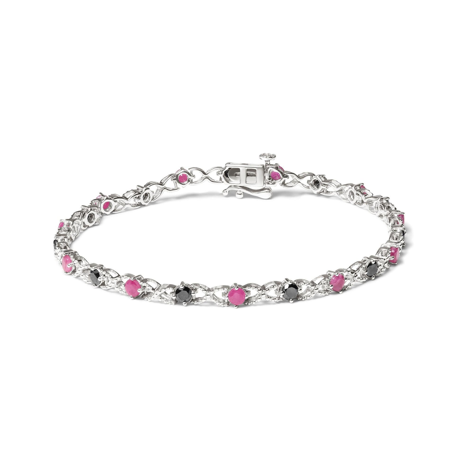 Sterling Silver 925 Treated Black Diamond & Lab-Created Pink Ruby Bracelet - Lovez Aqua© -