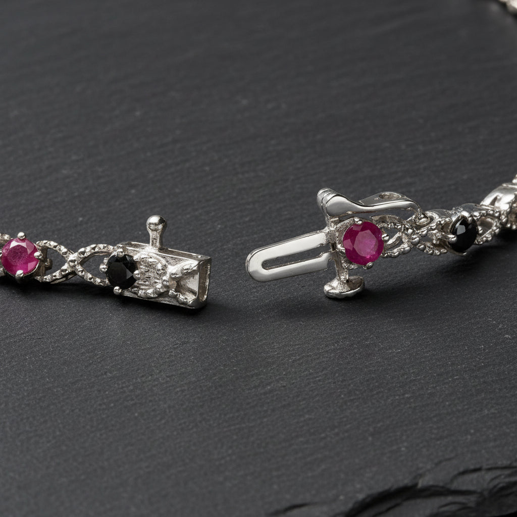 Sterling Silver 925 Treated Black Diamond & Lab-Created Pink Ruby Bracelet - Lovez Aqua© -