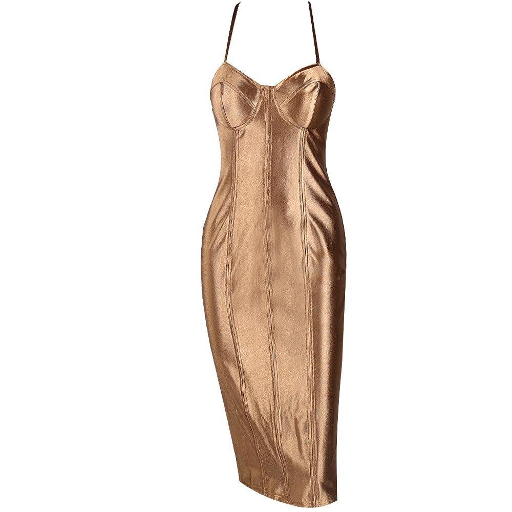 Sultry Satin Knee Length Midi Dress with Sweetheart Neckline & Spaghetti Straps - Lovez Aqua© - Gold / XS