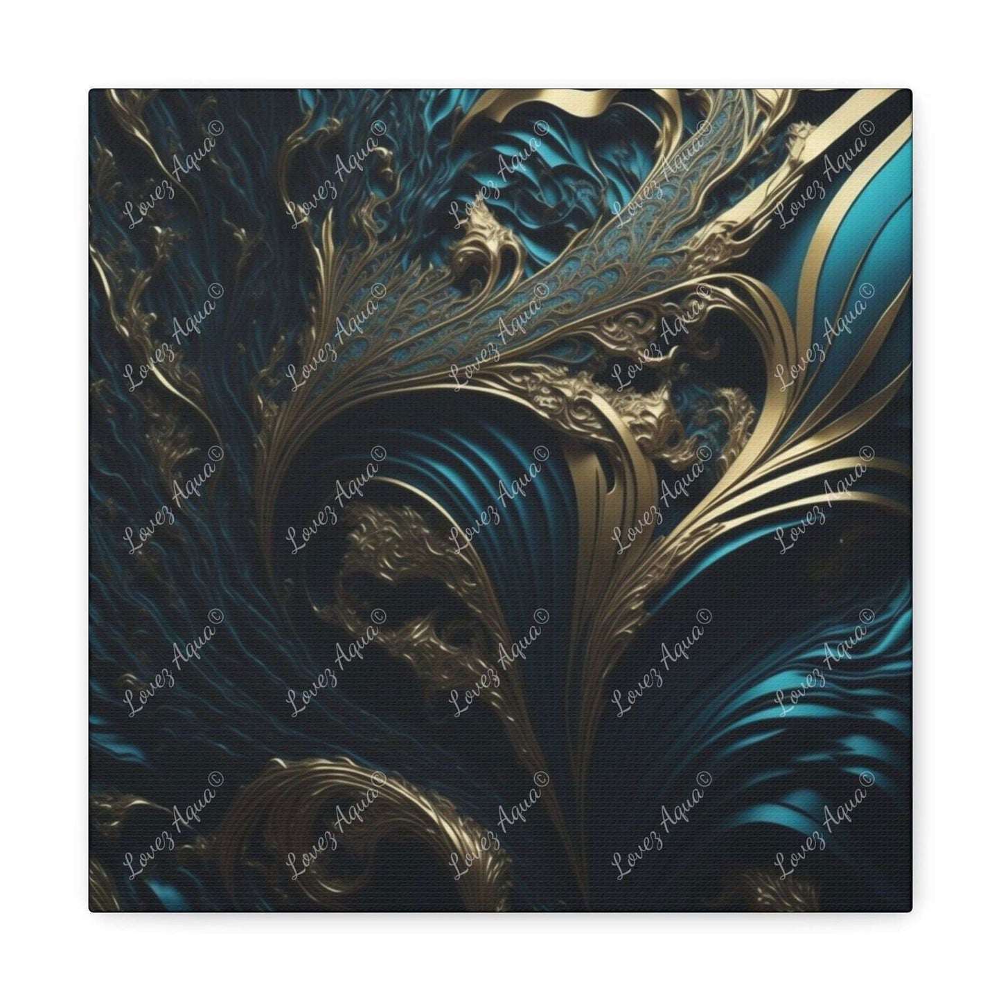 "Teal Whirls in a Golden Dream" Metallic Acrylic Wall Painting Lovez Aqua© - Lovez Aqua© - 12″ x 12″ / 1.25"