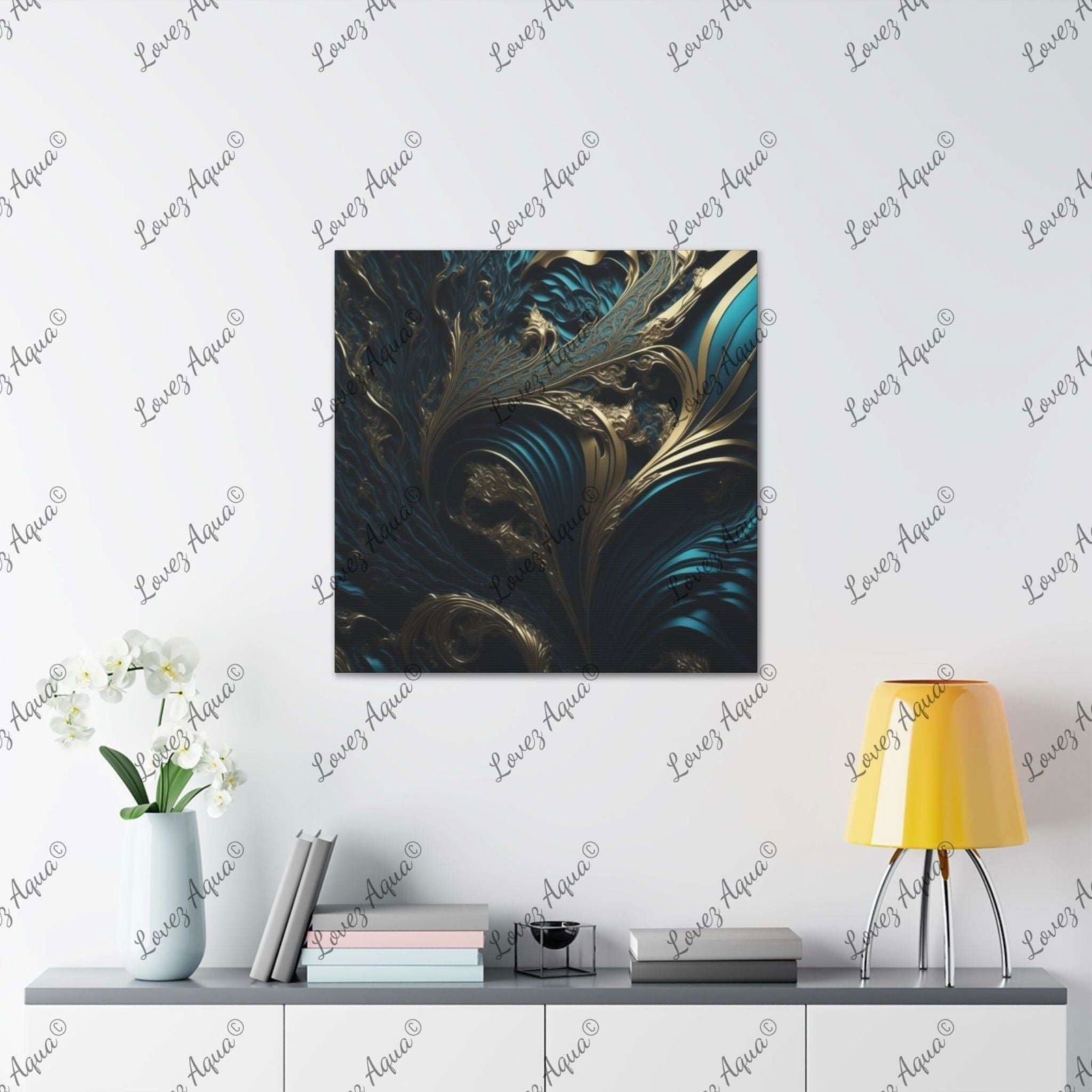 "Teal Whirls in a Golden Dream" Metallic Acrylic Wall Painting Lovez Aqua© - Lovez Aqua© -