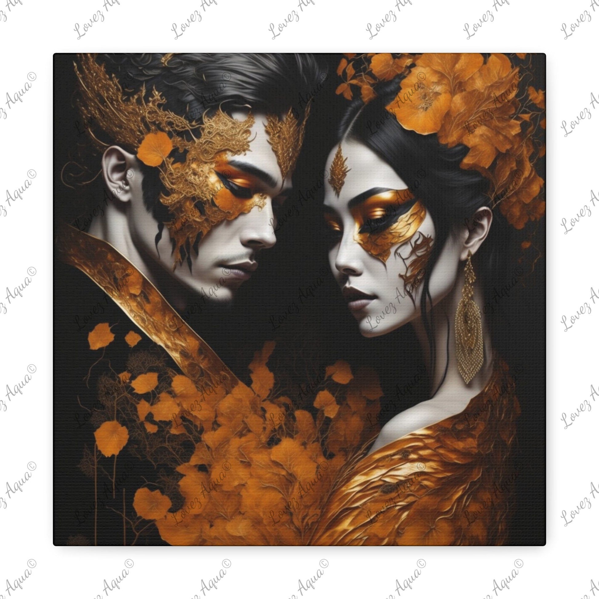“The Asian Love Story" Metallic Orange Masquerade Acrylic Painting Lovez Aqua© - Lovez Aqua© - 12″ x 12″ / 1.25"