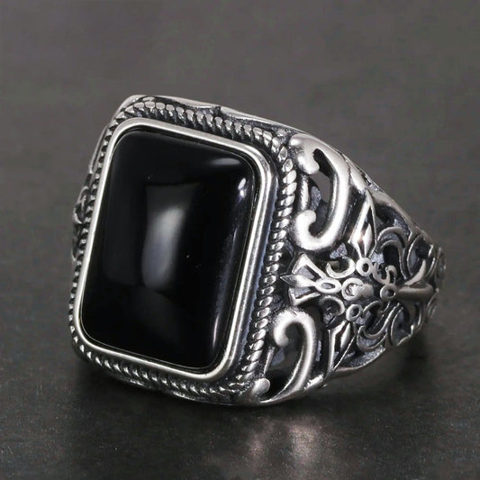 Men's S925 Sterling Silver Vintage Natural Black Onyx Square Hollow Cut Engraved Cross Ring