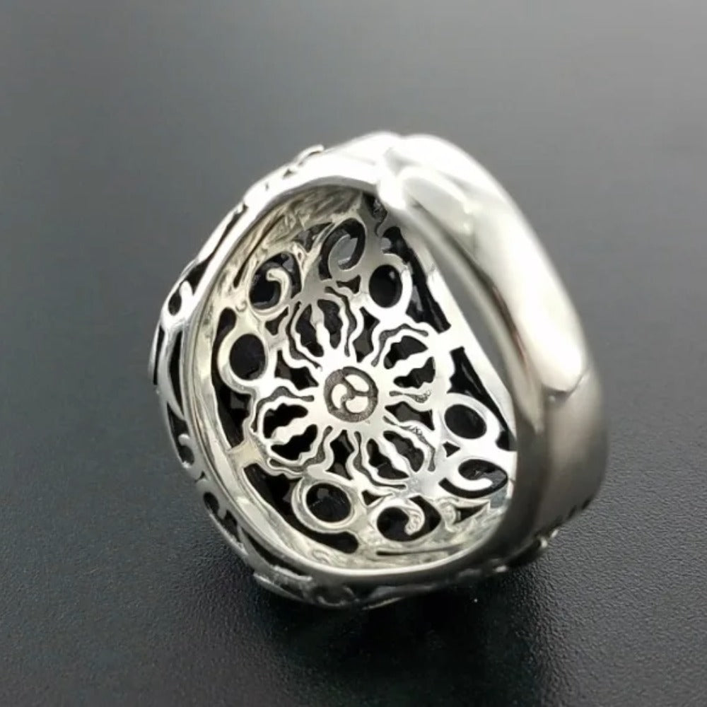 Men's S925 Sterling Silver Vintage Natural Black Onyx Square Hollow Cut Engraved Cross Ring