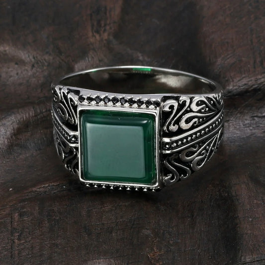 Men's Vintage S925 Sterling Silver Engraved Natural Onyx Stone Square Ring