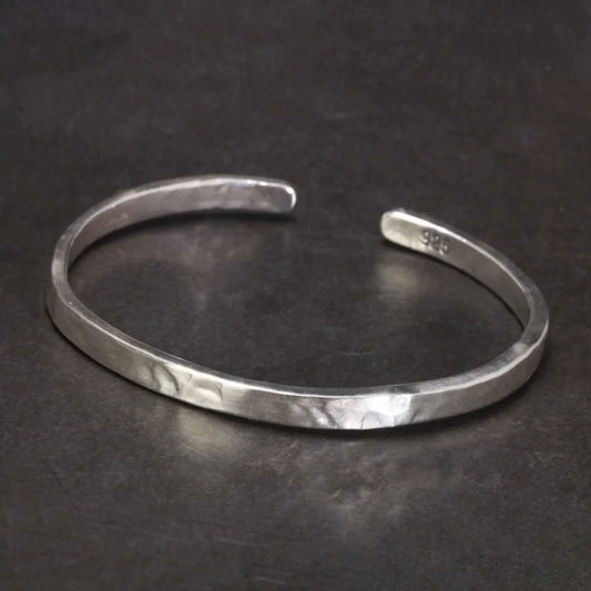 Men's S925 Sterling Silver Hammered Polished Cuff Bangle