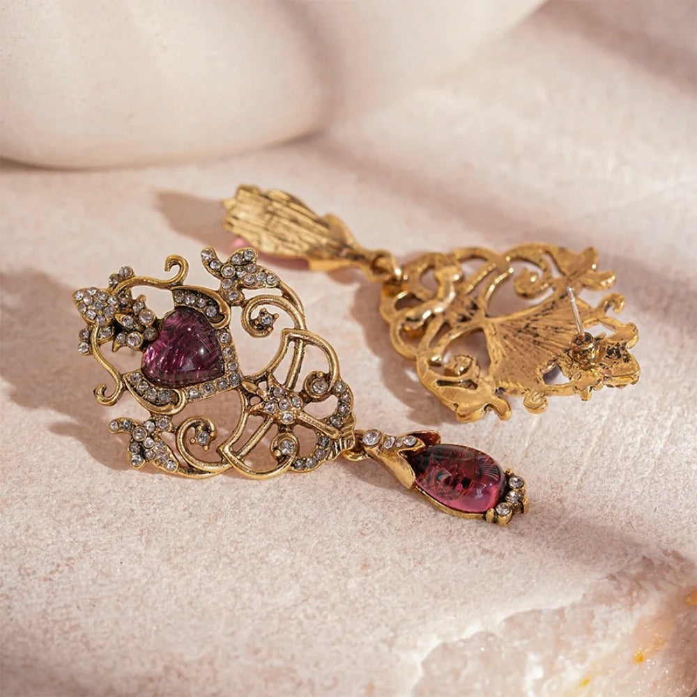 Women's Luxury Antique Gold & Light Magenta Retro Palace Dangle Earrings