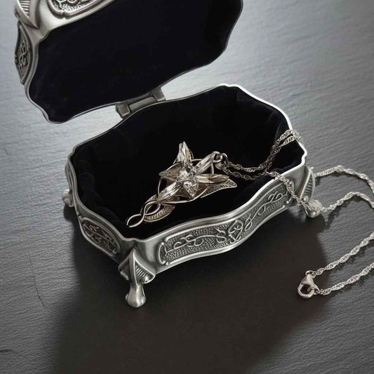 Vintage Engraved Metal Jewelry Box with Black Velvet Interior