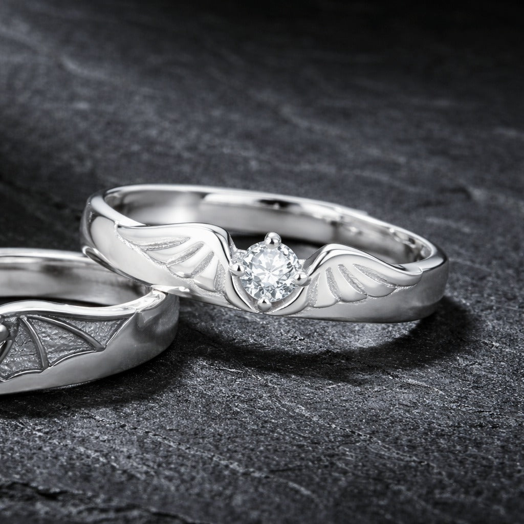 Gothic Angel & Demons Wings Crystal Encrusted Matching Couple Rings